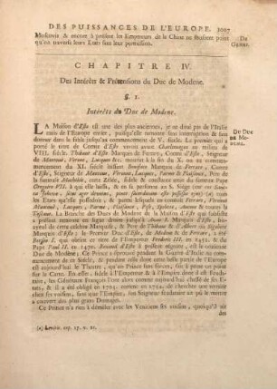 Chapitre IV. Des Intérets & Prétensions du Duc de Modene.
