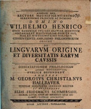 De lingvarvm origine et diversitatis earvm cavssis : dissertationem philologicam