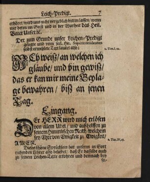 Der zum Grunde unser Leichen-Predigt[...] Text lautet also: