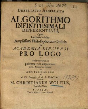 Dissertatio Algebraica De Algorithmo Infinitesimali Differentiali