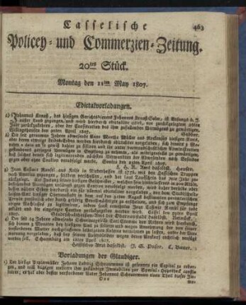 20tes Stück, Montag den 11ten May 1807