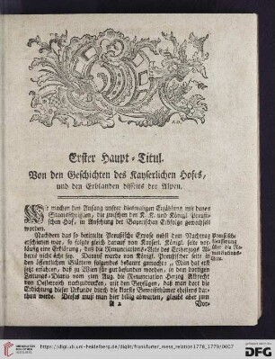 Erster Haupt-Titul: Von den Geschichten des Kayserlichen Hofes, und den Erblanden disseits der Alpen