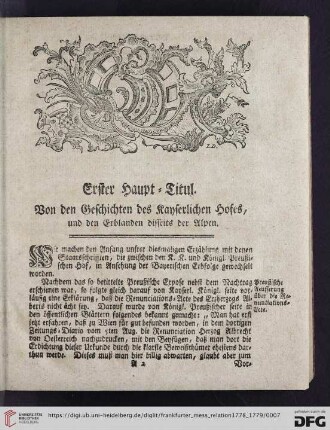Erster Haupt-Titul: Von den Geschichten des Kayserlichen Hofes, und den Erblanden disseits der Alpen