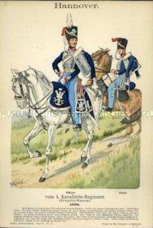 Uniformdarstellung, Offizier und Husar des 4. Kavallerie-Regiments, Königreich Hannover, 1830.