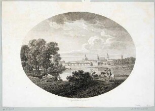 Stadtansicht von Dresden, Blick vom Pieschener Winkel über die Elbe auf die Stadtsilhouette mit Augustusbrücke, Ausschnitt aus dem Titelblatt zu Zinggs "Kupferstichwerk"