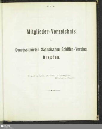 Mitglieder-Verzeichnis des Concessionirten Sächsischen Schiffer-Vereins Dresden