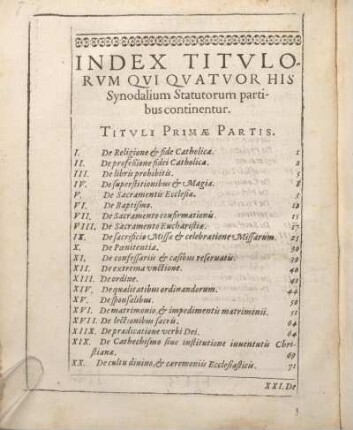 Index Titvlorvm Qvi Qvatvor His Synodalium Statutorum partibus continentur.