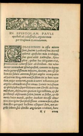 In Epistolam Pauli apostoli ad Colossenses, argumentum per Erasmum Roterodamum.