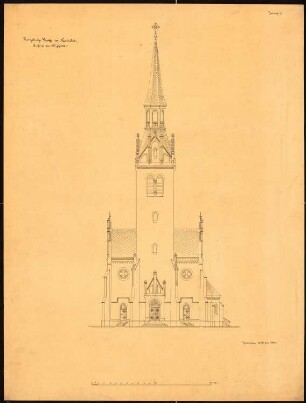 Katholische Kirche, Nassiedel: Aufriss der Westfassade, Maßstabsleiste