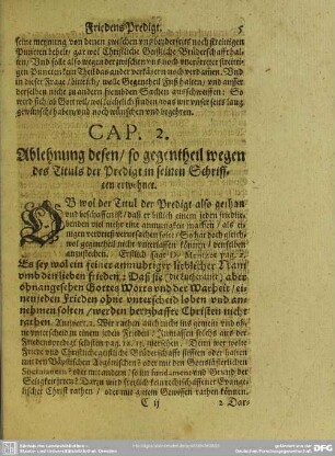 Cap. 2. Ablehnung desen, so gegentheil wegen des Tituls der Predigt in seinen Schrifften erwehnet