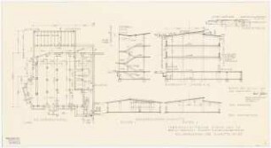 Maschinenfabrik Wisch und Co., Berlin-Spandau Erweiterungsbau: Querschnitt 1:100, Längsschnitt 1:100, Dachgeschoss-Schnitte 1:100, Kellergeschossgrundriss 1:100, Detail 1:10