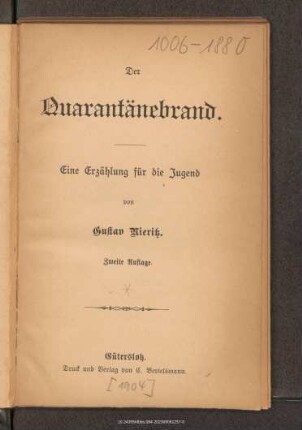 Der Quarantänebrand : eine Erzählung für die Jugend