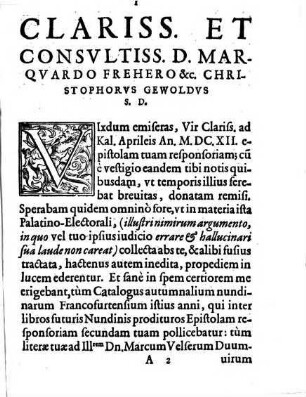 Ad Clariss. Virum Marquardum Freherum Consiliarium Electoralem Palatinum. Epistola monitoria Christophori Gewoldi D. Ducalis Bavarici Consiliarii