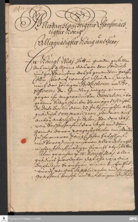 Brief von Nikolaus Hieronymus Gundling, Christian Thomasius, August Hermann Francke, Heinrich von Bode und Michael Alberti an Friedrich Wilhelm I., König in Preußen.