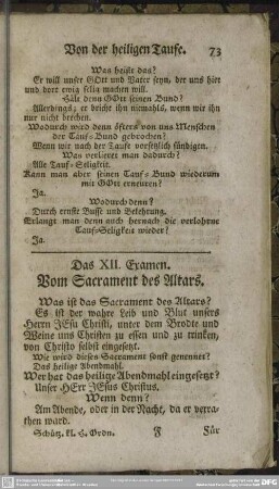 Das XII. Examen. Vom Sacrament des Altars