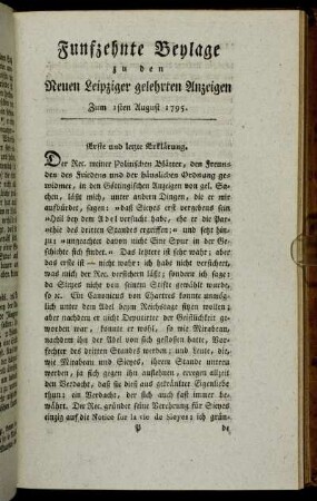 Funfzehnte Beylage zu den Neuen Leipziger gelehrten Anzeigen. Zum 1sten August 1795.