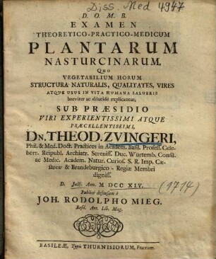 Examen Theoretico-Practico-Medicum Plantarum Nasturcinarum