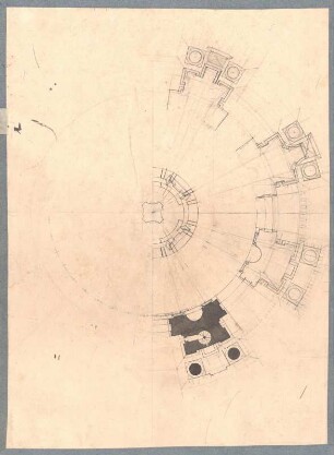 Berlin, Dom. Konstruktionszeichnung Kuppel : Berlin, Dom. Entwurf, Konstruktionszeichnung, Horizontalschnitt durch die Kuppel, unvollendet, Jean de Bodt, 1705/06? Feder, Graphit, Pinsel in schwarz/Papier. 27,5 x 36,6 cm.