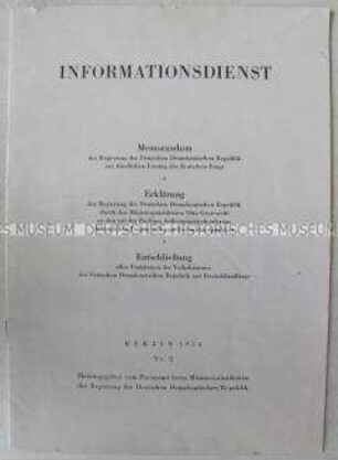 Informationsdienst des DDR-Presseamtes mit Stellungnahmen der Regierung Grotewohl und der Volkskammer zur Deutschlandfrage und zur Berliner Außenministerkonferenz