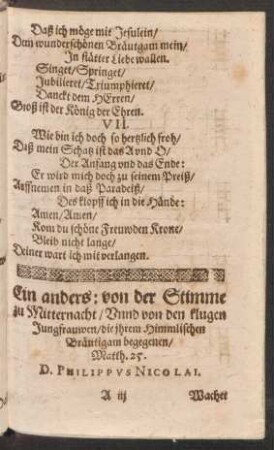 Ein anders: von der Stimme || zu Mitternacht/ Unnd von den klugen || Jungfrauwen/ die ihrem Himmlischen || Bræutigam begegenen/ || Matth. 25.