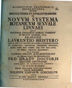 Meditationes et animadversiones in novum systema botanicum sexuale Linnaei
