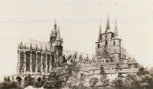 Erfurt, Dom und Severikirche : Ansicht von Nordost, Domchor mit Dreiturmgruppe unter Benutzung älterer Türme errichtet