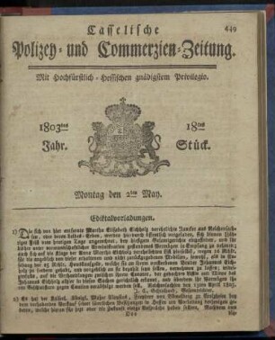 18tes Stueck, Montag den 2ten May 1803