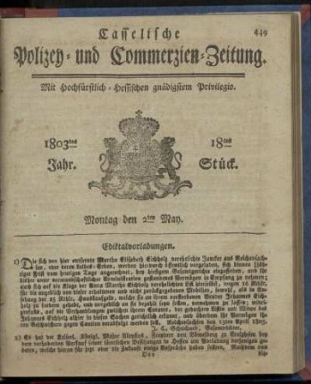18tes Stueck, Montag den 2ten May 1803