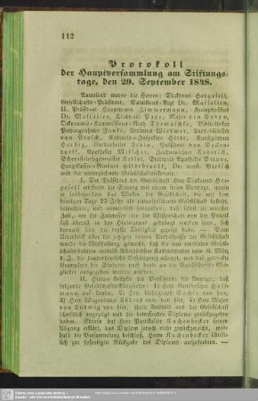 Protokoll der Hauptversammlung am Stiftungstage, den 29. September 1848
