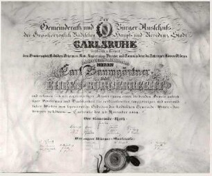 Ehrenbürger der Stadt Karlsruhe. Karl Friedrich Baumgärtner (14.07.1787-08.11.1844); Geheimrat; Ehrenbürger seit 05.11.1839
