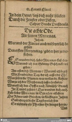 Die achte Ode. An seinen Mecoenas