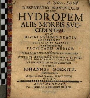 Dissertatio sistens hydropem, aliis morbis succedentem
