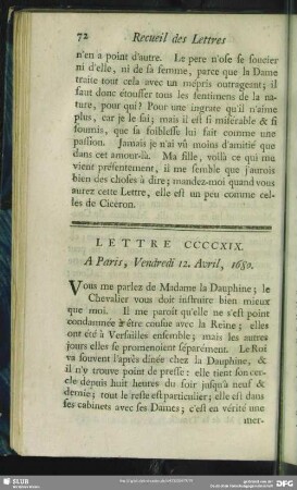Lettre CCCCXIX. A Paris, Vendredi 12. Avril, 1680