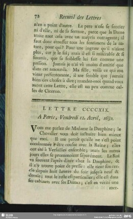Lettre CCCCXIX. A Paris, Vendredi 12. Avril, 1680