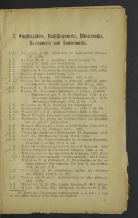 I. Enzyklopädien, Nachschlagewerke, Wörterbücher, Kartenwerke und Sammelwerke.