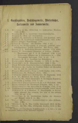 I. Enzyklopädien, Nachschlagewerke, Wörterbücher, Kartenwerke und Sammelwerke.
