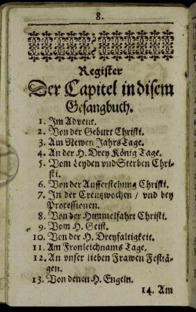Register Der Capitel in disem Gesangbuch.