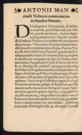 Antonii Mancinelli Veliterni commentarius in Bucolica Maronis.