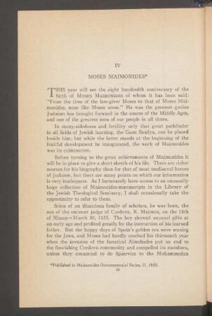 IV. Moses Maimonides