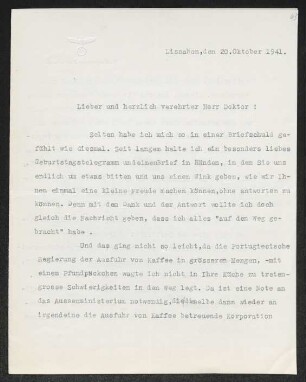 Brief von Gudrun Hoyningen-Huene und Oswald von Hoyningen-Huene an Gerhart Hauptmann