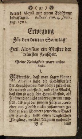 Erwegung für den dritten Sonntag. Heil. Aloysius ein Muster der reinesten Keuscheit.