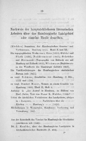 Nachweis der hauptsächlichen literarischen Arbeiten über das Hamburgische Landgebiet oder einzelne Theile desselben.