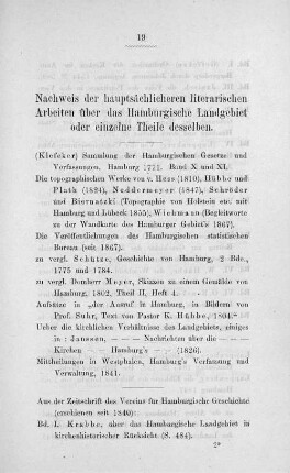 Nachweis der hauptsächlichen literarischen Arbeiten über das Hamburgische Landgebiet oder einzelne Theile desselben.