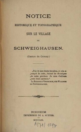 Notice historique et topographique sur le village de Schweighausen : 