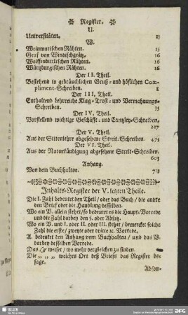 Inhalts-Register der V. letzten Theile