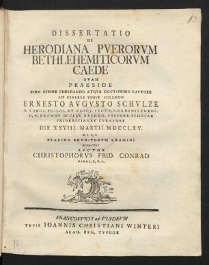 Dissertatio De Herodiana Puerorum Bethlehemiticorum Caede