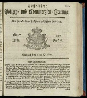 42tes Stueck, Montag den 12ten October 1801