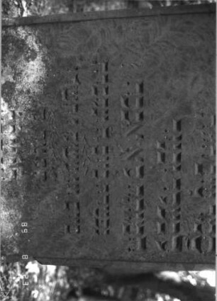 Grabstein 160 (Index: 100110670) Material: Sandstein Zustand: im Giebel einzelne Abschieferungen mit geringem Textverlust Maße HxBxT: 160x90x16 cm Beschreibung: Stele, Rundbogenabschluß mit Verdachung, Schriftfelder eingetieft Symbolik: Kranz Besonderheit: kulturhistorisch wertvoll / hist.-wiss. Gründe (Gemeindestellung): Grabstein 160C
