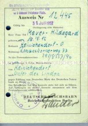 Ausweis zur Kaufberechtigung von S-Bahn-Monatskarten - Familienkonvolut