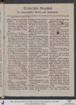Alphabetisches Verzeichnis der vorzüglichsten Messen und Jahrmärkte.
